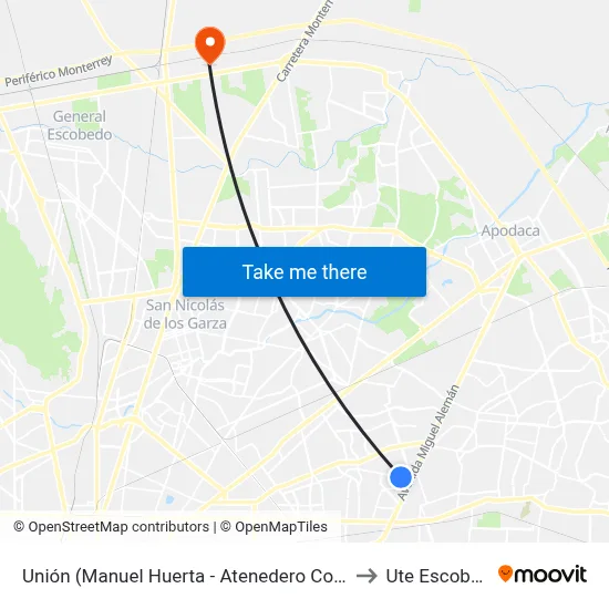 Unión (Manuel Huerta - Atenedero Colunga) to Ute Escobedo map