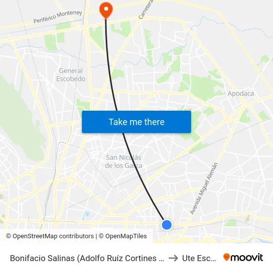Bonifacio Salinas (Adolfo Ruíz Cortines - América Del Sur) to Ute Escobedo map