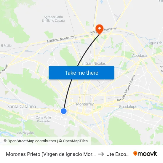 Morones Prieto (Virgen de Ignacio Morones Prieto) to Ute Escobedo map