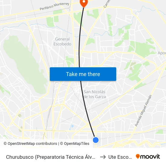 Churubusco (Preparatoria Técnica Álvaro Obregón) to Ute Escobedo map