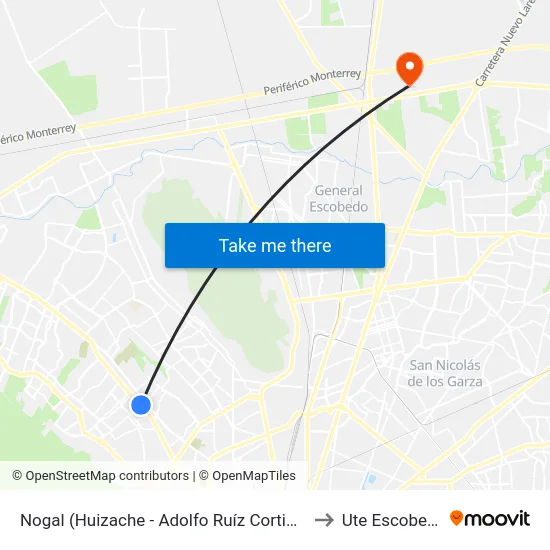 Nogal (Huizache - Adolfo Ruíz Cortines) to Ute Escobedo map