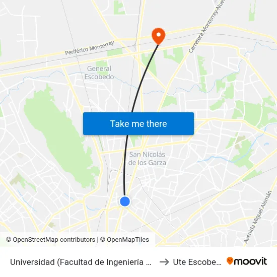 Universidad (Facultad de Ingeniería Civil) to Ute Escobedo map
