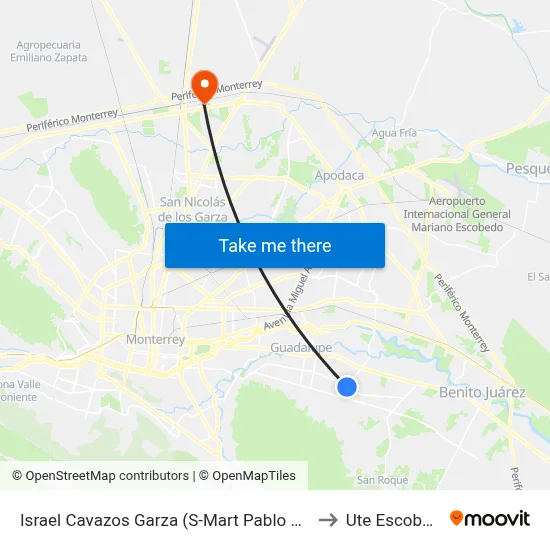 Israel Cavazos Garza (S-Mart Pablo Livas) to Ute Escobedo map