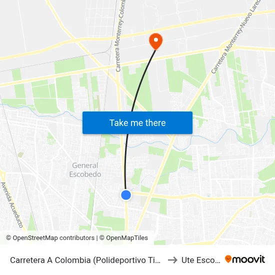 Carretera A Colombia (Polideportivo Tigres Escobedo) to Ute Escobedo map