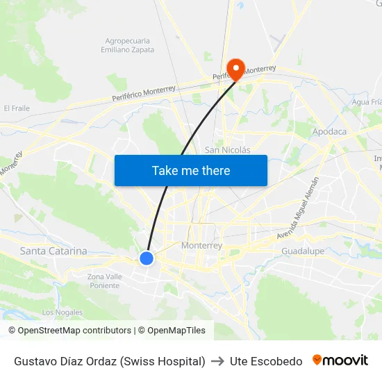 Gustavo Díaz Ordaz (Swiss Hospital) to Ute Escobedo map