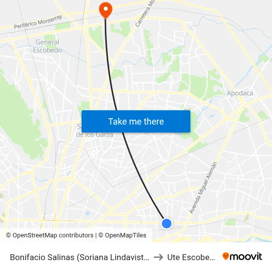 Bonifacio Salinas (Soriana Lindavista) to Ute Escobedo map