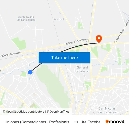 Uniones (Comerciantes - Profesionistas) to Ute Escobedo map