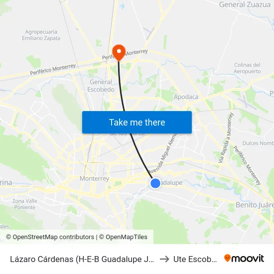 Lázaro Cárdenas (H-E-B Guadalupe Juárez) to Ute Escobedo map