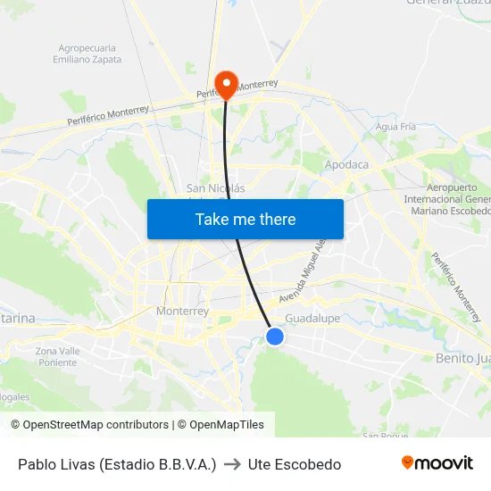 Pablo Livas (Estadio B.B.V.A.) to Ute Escobedo map