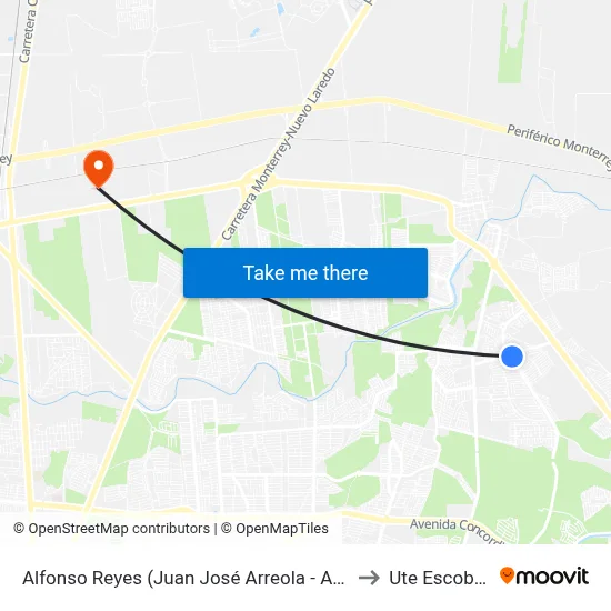Alfonso Reyes (Juan José Arreola - América) to Ute Escobedo map