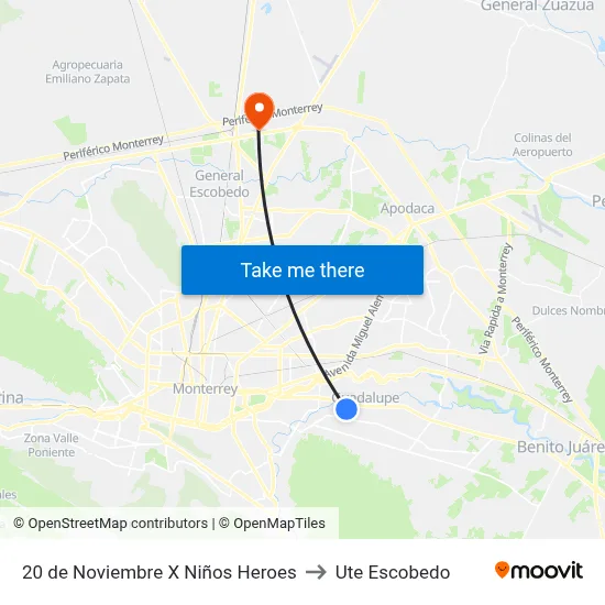 20 de Noviembre X Niños Heroes to Ute Escobedo map
