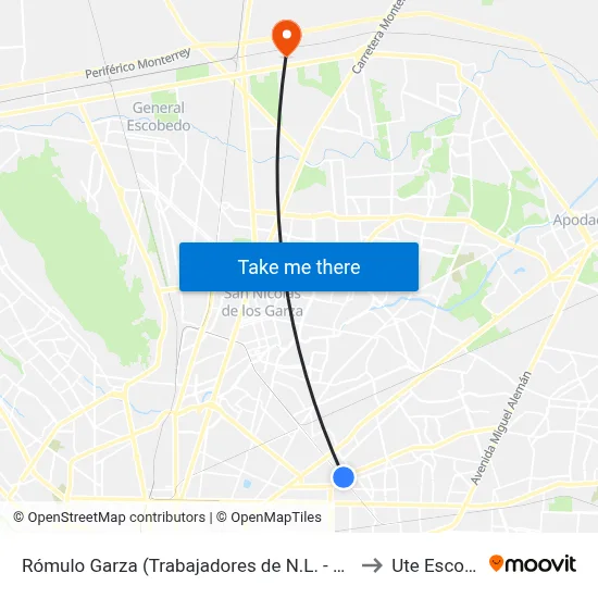 Rómulo Garza (Trabajadores de N.L. - Juan Pablo II) to Ute Escobedo map