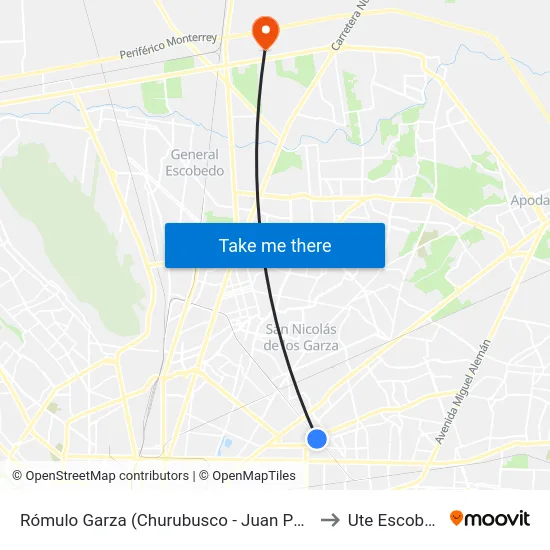 Rómulo Garza (Churubusco - Juan Pablo II) to Ute Escobedo map