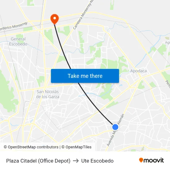 Plaza Citadel (Office Depot) to Ute Escobedo map