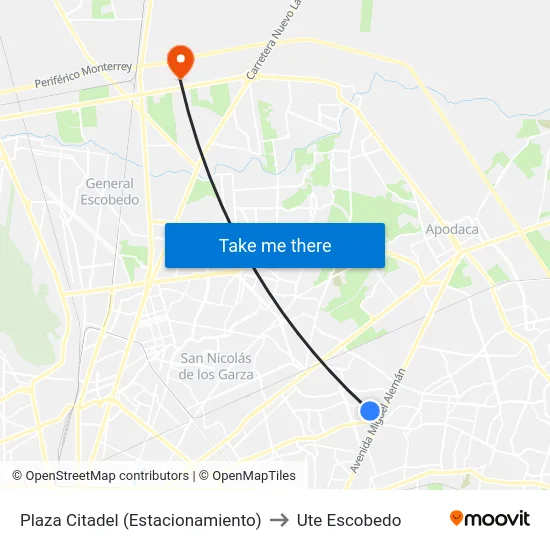 Plaza Citadel (Estacionamiento) to Ute Escobedo map