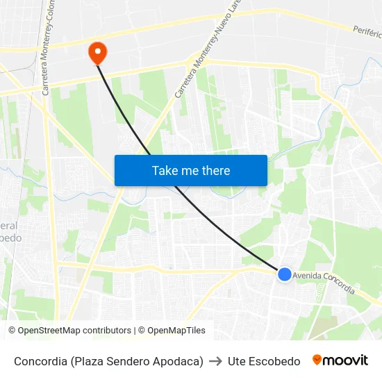 Concordia (Plaza Sendero Apodaca) to Ute Escobedo map
