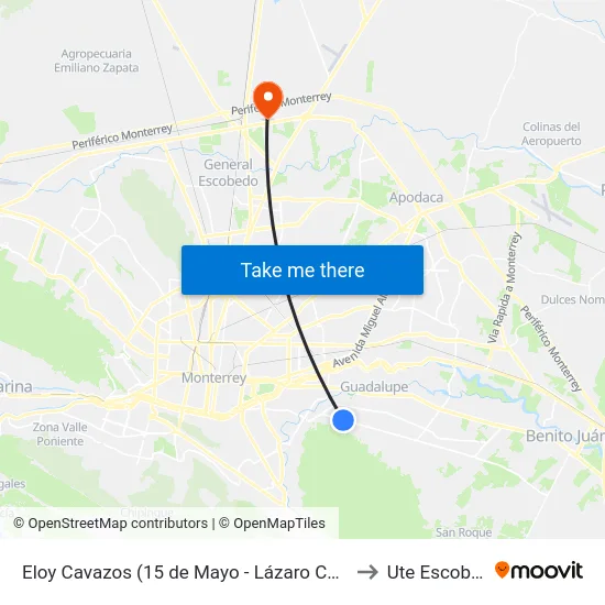 Eloy Cavazos (15 de Mayo - Lázaro Cárdenas) to Ute Escobedo map