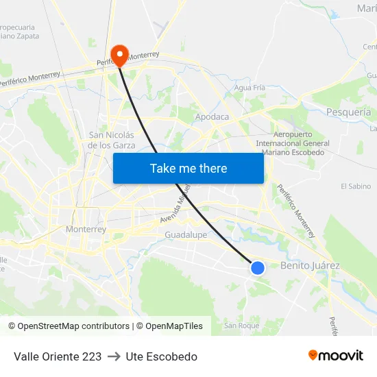 Valle Oriente 223 to Ute Escobedo map
