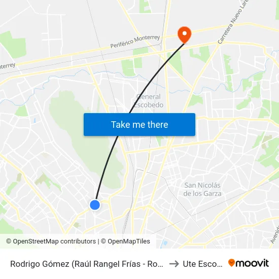 Rodrigo Gómez (Raúl Rangel Frías - Rodrigo Gómez) to Ute Escobedo map