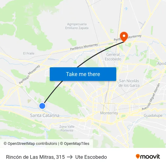 Rincón de Las Mitras, 315 to Ute Escobedo map