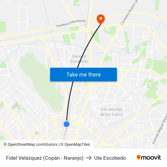 Fidel Velázquez (Copán - Naranjo) to Ute Escobedo map