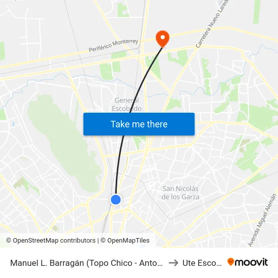 Manuel L. Barragán (Topo Chico - Antonio Machado) to Ute Escobedo map