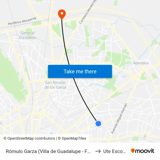 Rómulo Garza (Villa de Guadalupe - Fundidores) to Ute Escobedo map
