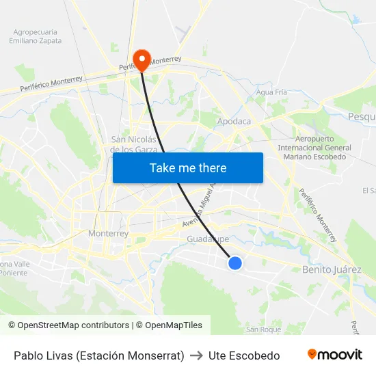 Pablo Livas (Estación Monserrat) to Ute Escobedo map