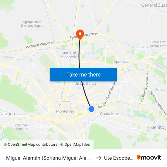 Miguel Alemán (Soriana Miguel Alemán) to Ute Escobedo map