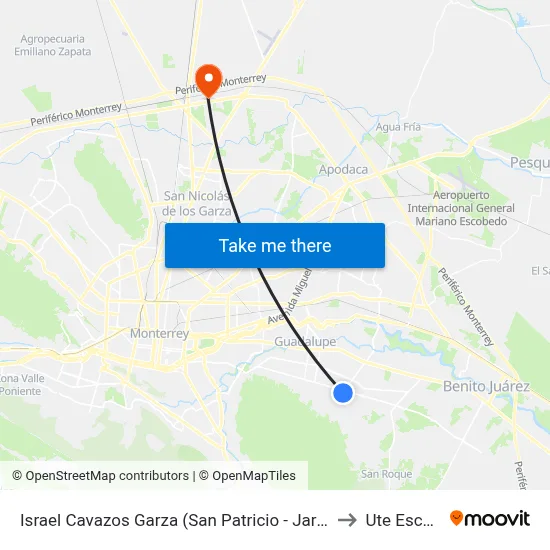 Israel Cavazos Garza (San Patricio - Jardines de La Silla) to Ute Escobedo map