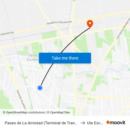 Paseo de La Amistad (Terminal de Transmetro Monterreal) to Ute Escobedo map