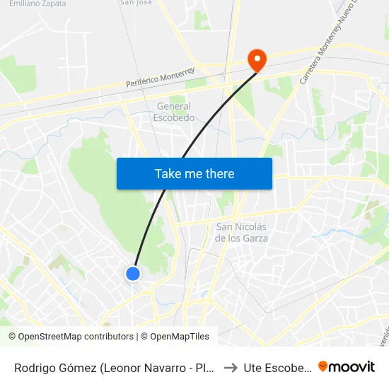 Rodrigo Gómez (Leonor Navarro - Planta) to Ute Escobedo map