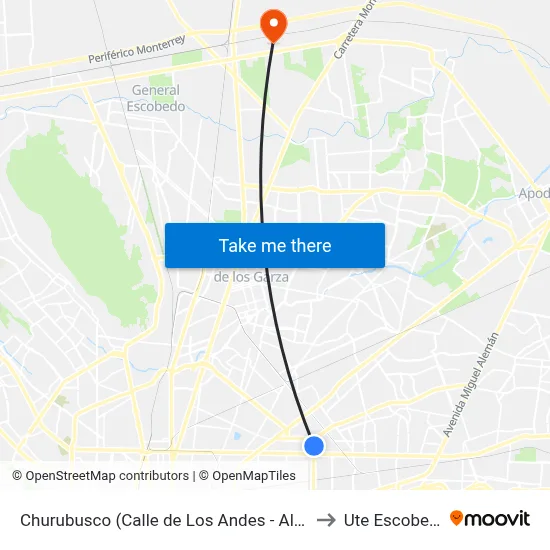 Churubusco (Calle de Los Andes - Alpes) to Ute Escobedo map