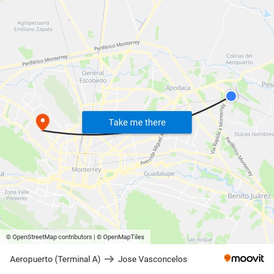 Aeropuerto (Terminal A) to Jose Vasconcelos map