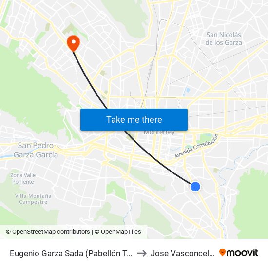 Eugenio Garza Sada (Pabellón Tec) to Jose Vasconcelos map