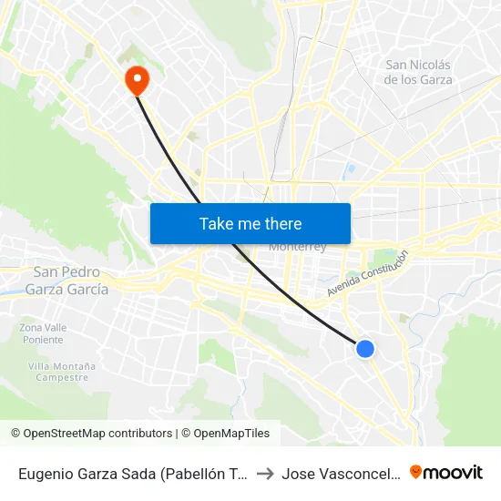 Eugenio Garza Sada (Pabellón Tec) to Jose Vasconcelos map