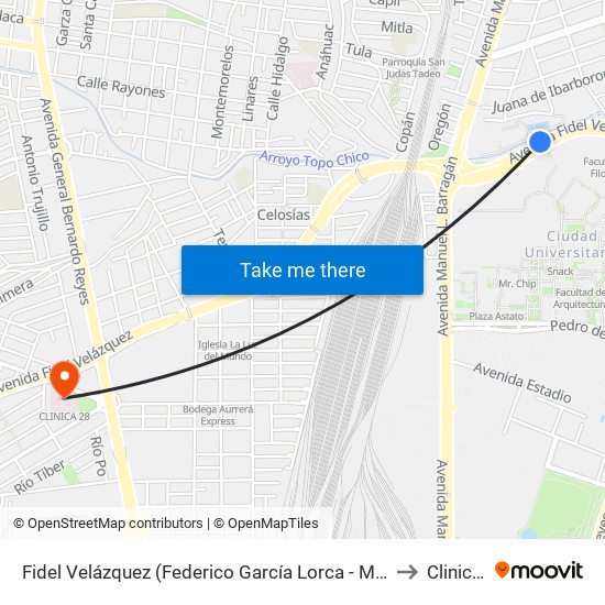Fidel Velázquez (Federico García Lorca - Manuel L. Barragán) to Clinica 28 map