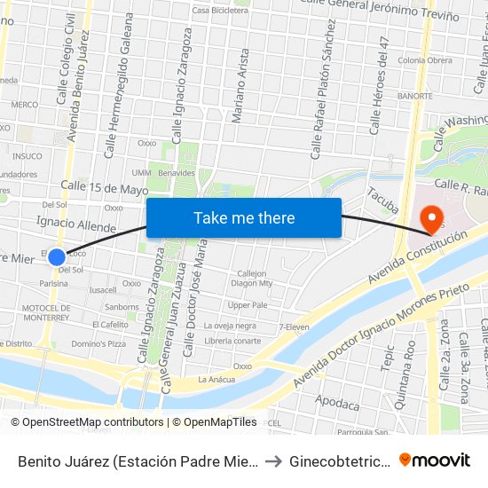 Benito Juárez (Estación Padre Mier) to Ginecobtetricia map