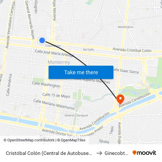 Cristóbal Colón (Central de Autobuses de Monterrey) to Ginecobtetricia map