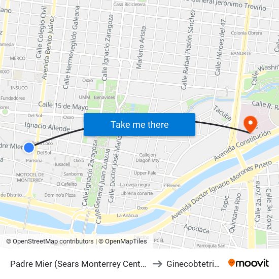 Padre Mier (Sears Monterrey Centro) to Ginecobtetricia map