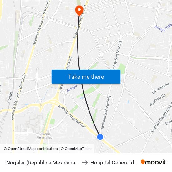 Nogalar (República Mexicana - San Nicolás) to Hospital General de Zona #6 map