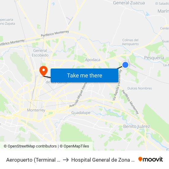 Aeropuerto (Terminal A) to Hospital General de Zona #6 map
