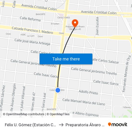 Félix U. Gómez (Estación Colonia Obrera) to Preparatoria Álvaro Obregón #3 map