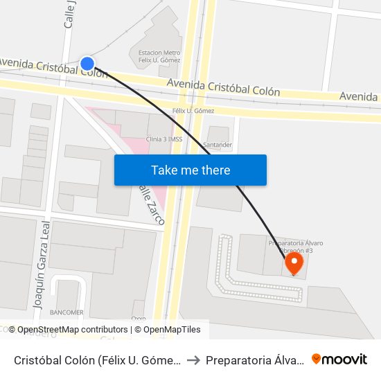 Cristóbal Colón (Félix U. Gómez - Joaquín Garza Leal) to Preparatoria Álvaro Obregón #3 map