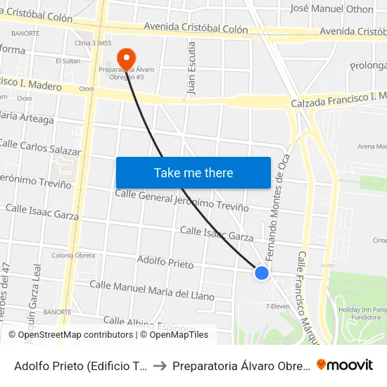 Adolfo Prieto (Edificio Treviño) to Preparatoria Álvaro Obregón #3 map