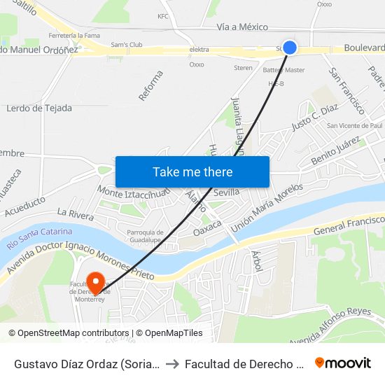 Gustavo Díaz Ordaz (Soriana Diaz Ordaz) to Facultad de Derecho de Monterrey map