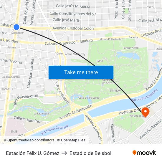 Estación Félix U. Gómez to Estadio de Beisbol map