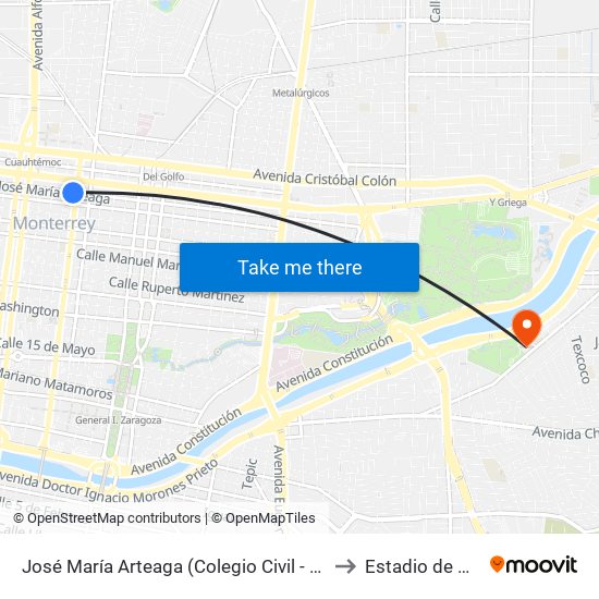 José María Arteaga (Colegio Civil - Benito Juárez) to Estadio de Beisbol map