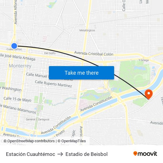 Estación Cuauhtémoc to Estadio de Beisbol map