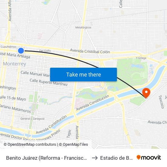 Benito Juárez (Reforma - Francisco I. Madero) to Estadio de Beisbol map